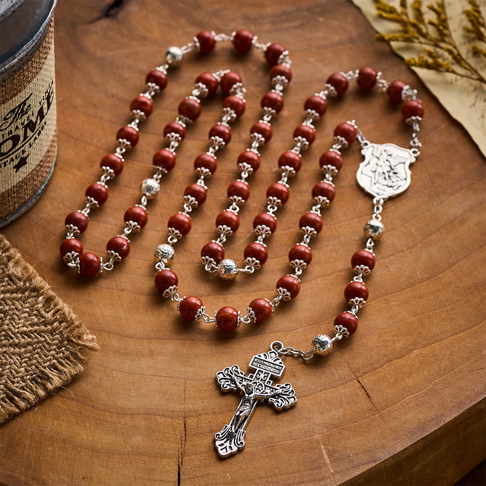 SolaceBeads Handcrafted Red Stone Rosary, Archangel Emblem &amp; Ornate Cross: Sturdy Daily Companion - image 2