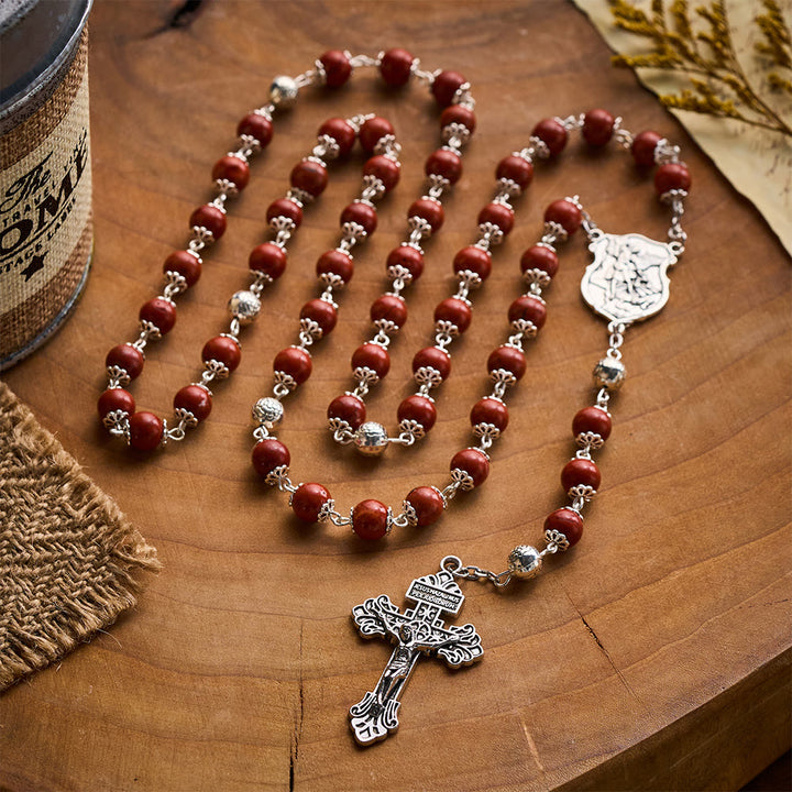 SolaceBeads Handcrafted Red Stone Rosary, Archangel Emblem &amp; Ornate Cross: Sturdy Daily Companion - image 2