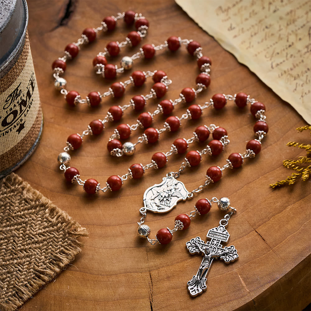 SolaceBeads Handcrafted Red Stone Rosary, Archangel Emblem &amp; Ornate Cross: Sturdy Daily Companion - image 7