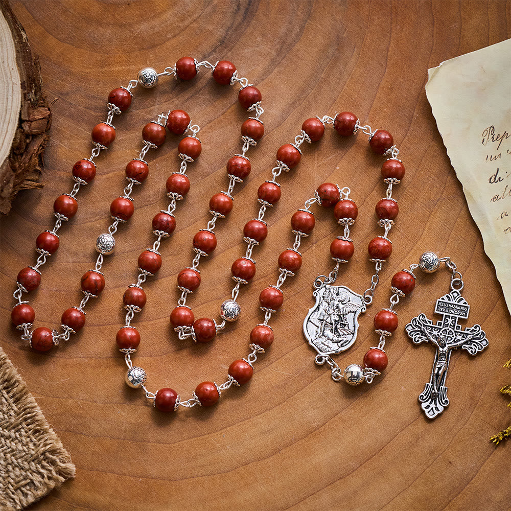 SolaceBeads Handcrafted Red Stone Rosary, Archangel Emblem & Ornate Cross: Sturdy Daily Companion - Red - image 0