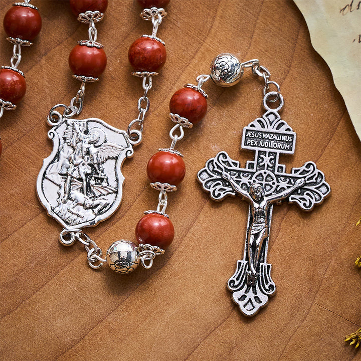 SolaceBeads Handcrafted Red Stone Rosary, Archangel Emblem &amp; Ornate Cross: Sturdy Daily Companion - image 5