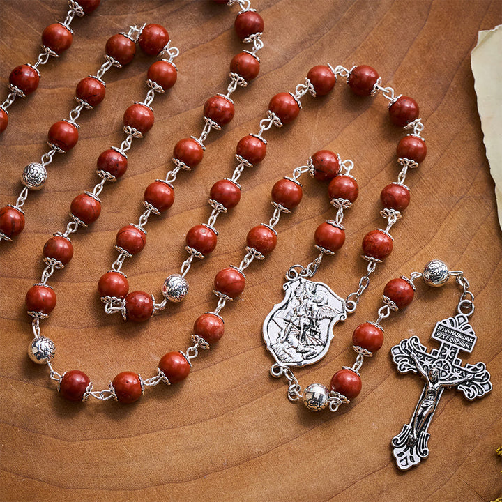 SolaceBeads Handcrafted Red Stone Rosary, Archangel Emblem &amp; Ornate Cross: Sturdy Daily Companion - image 3