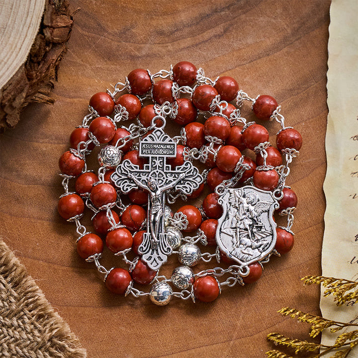 SolaceBeads Handcrafted Red Stone Rosary, Archangel Emblem &amp; Ornate Cross: Sturdy Daily Companion - image 6
