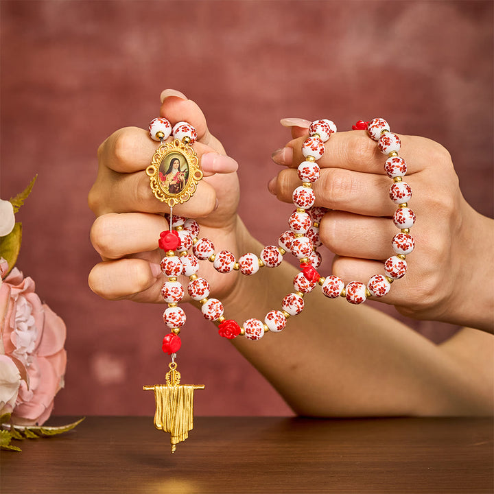 SolaceBeads Floral Ceramic Rosary, Framed Icon &amp; Golden Veil Pendant: Graceful Daily Companion - image 1