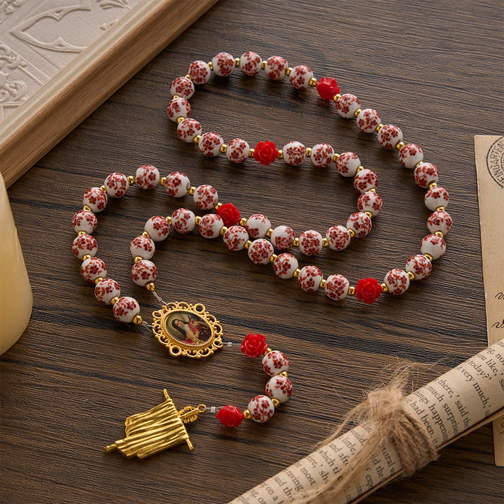 SolaceBeads Floral Ceramic Rosary, Framed Icon &amp; Golden Veil Pendant: Graceful Daily Companion - image 3