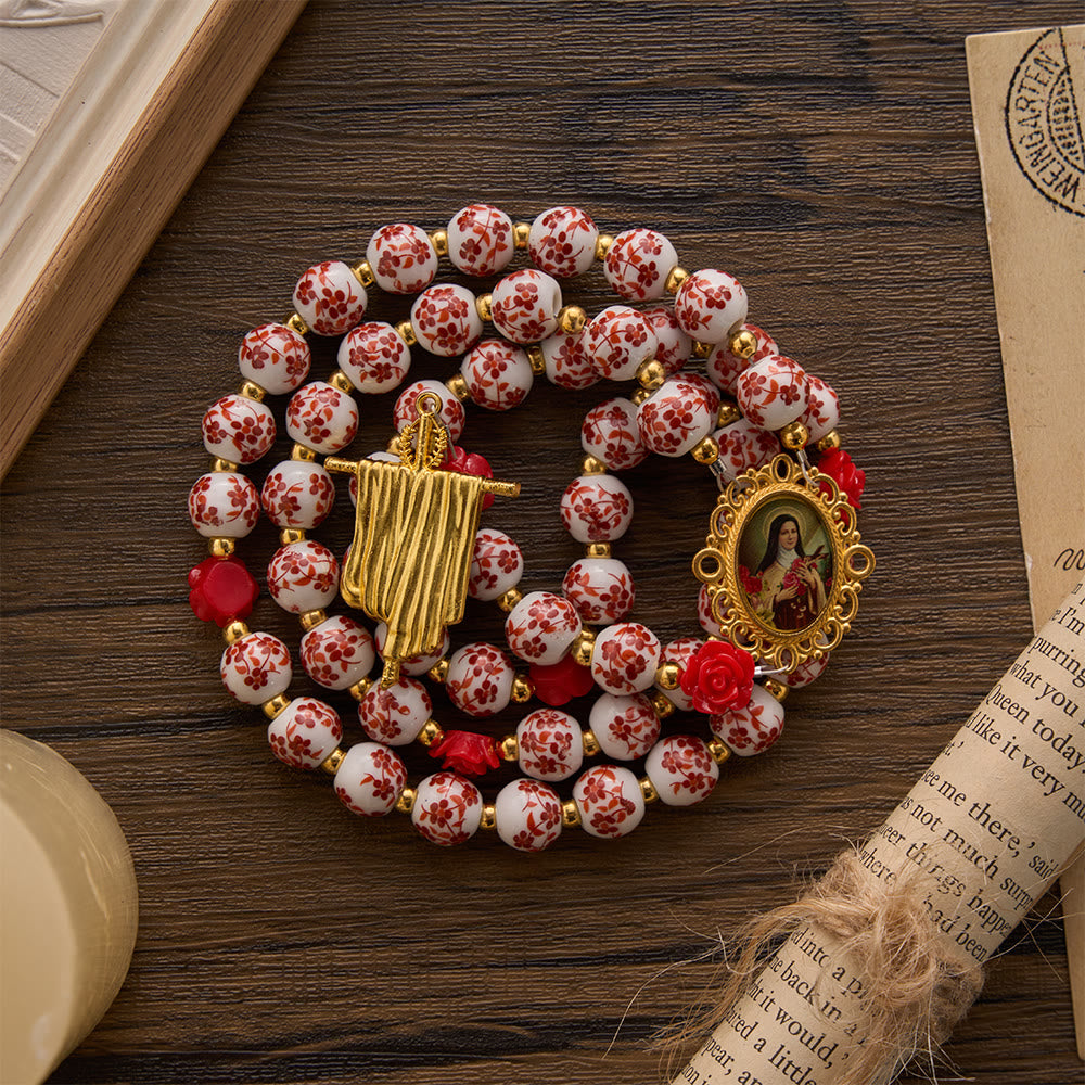 SolaceBeads Floral Ceramic Rosary, Framed Icon &amp; Golden Veil Pendant: Graceful Daily Companion - image 8