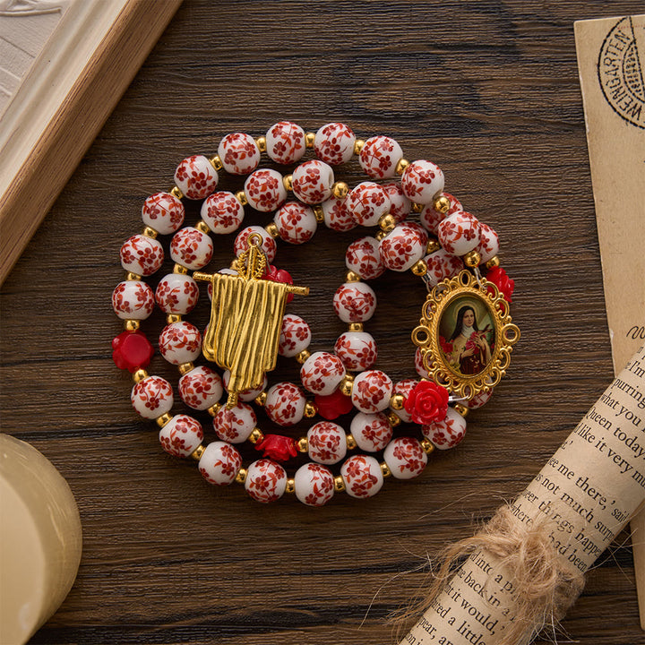 SolaceBeads Floral Ceramic Rosary, Framed Icon &amp; Golden Veil Pendant: Graceful Daily Companion - image 8