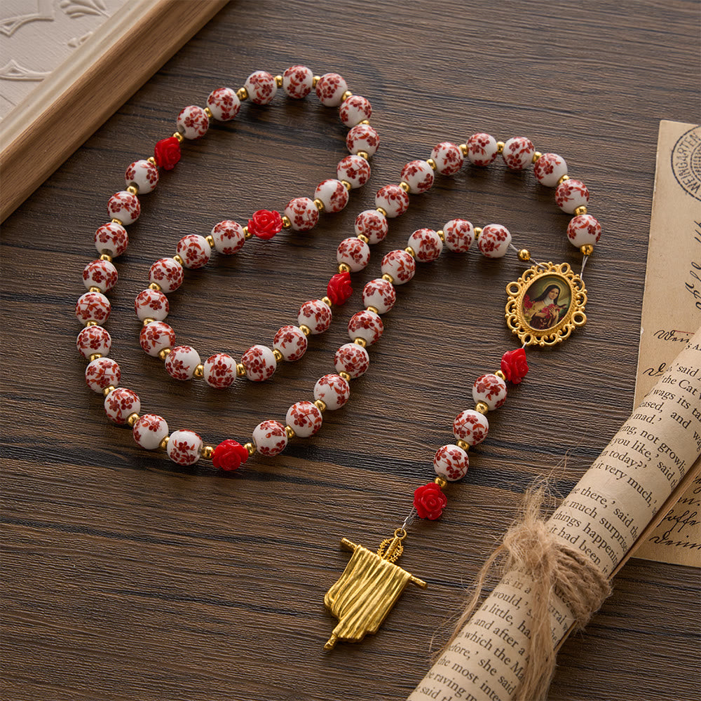 SolaceBeads Floral Ceramic Rosary, Framed Icon &amp; Golden Veil Pendant: Graceful Daily Companion - image 4
