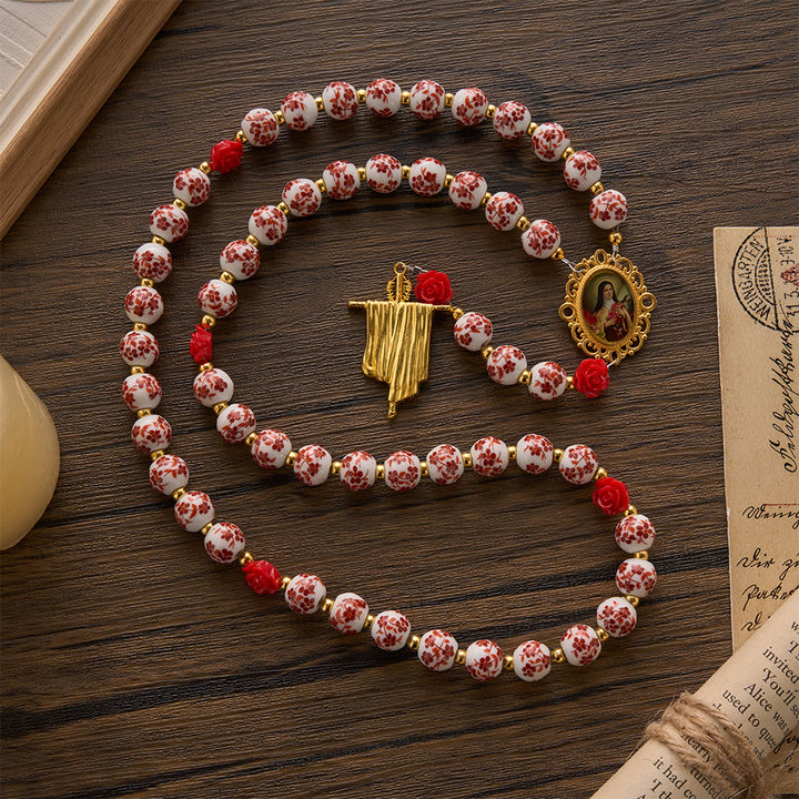 SolaceBeads Floral Ceramic Rosary, Framed Icon &amp; Golden Veil Pendant: Graceful Daily Companion - Red &amp; Floral - image 0
