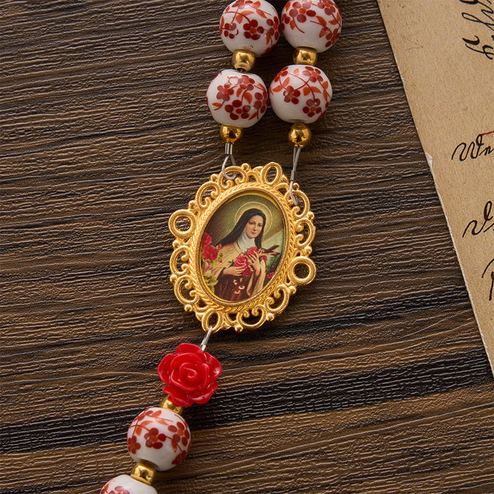 SolaceBeads Floral Ceramic Rosary, Framed Icon &amp; Golden Veil Pendant: Graceful Daily Companion - image 6