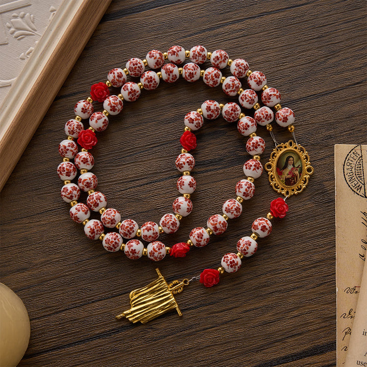 SolaceBeads Floral Ceramic Rosary, Framed Icon &amp; Golden Veil Pendant: Graceful Daily Companion - image 2