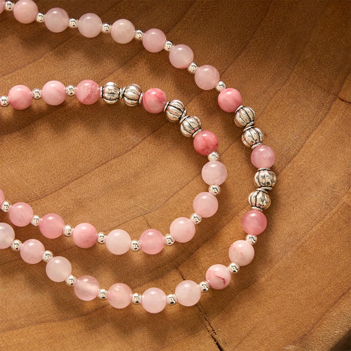 SolaceBeads Handcrafted Pink Stone Rosary Bracelet, Silver Beaded Spacers &amp; Crystal-Encrusted Cross - image 4