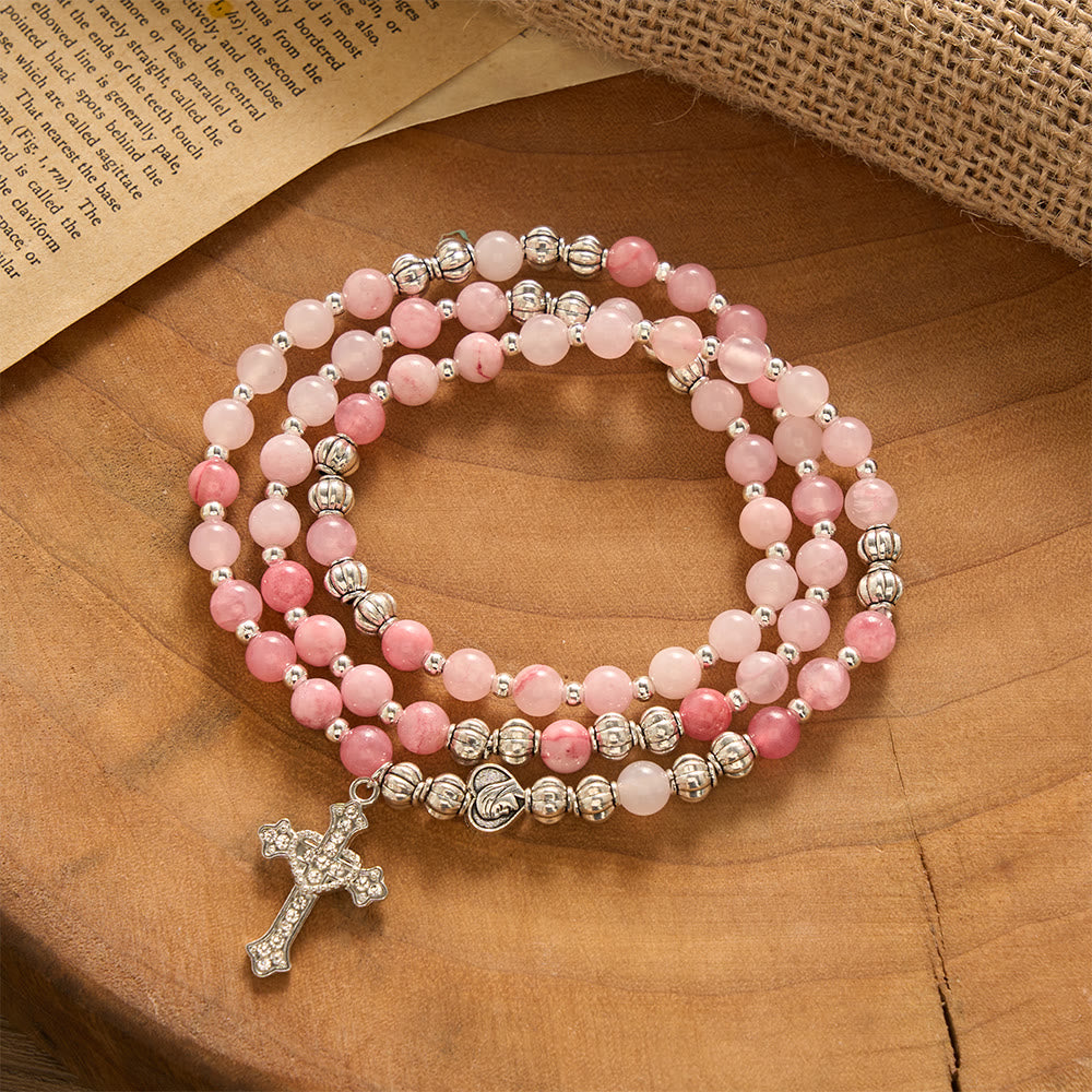 SolaceBeads Handcrafted Pink Stone Rosary Bracelet, Silver Beaded Spacers & Crystal-Encrusted Cross - Pink - image 0