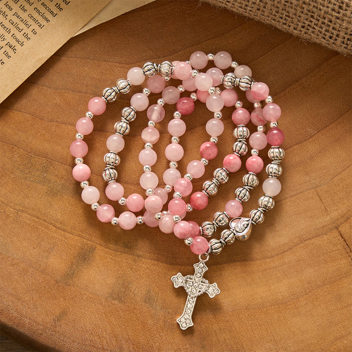 SolaceBeads Handcrafted Pink Stone Rosary Bracelet, Silver Beaded Spacers &amp; Crystal-Encrusted Cross - image 6