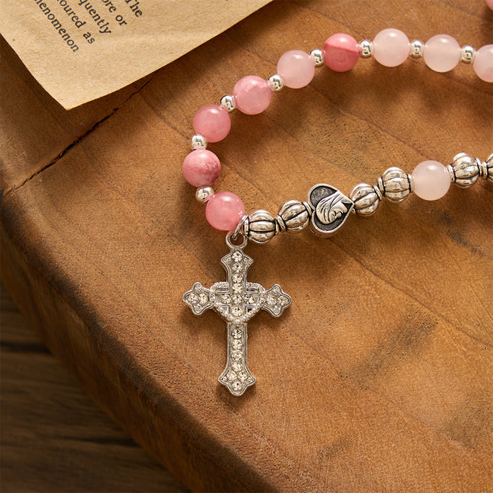 SolaceBeads Handcrafted Pink Stone Rosary Bracelet, Silver Beaded Spacers &amp; Crystal-Encrusted Cross - image 5