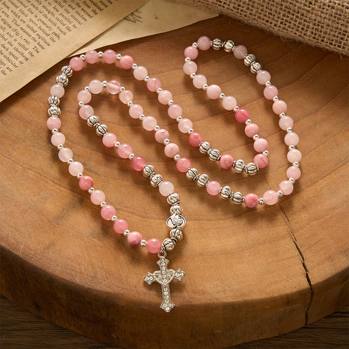SolaceBeads Handcrafted Pink Stone Rosary Bracelet, Silver Beaded Spacers &amp; Crystal-Encrusted Cross - image 3