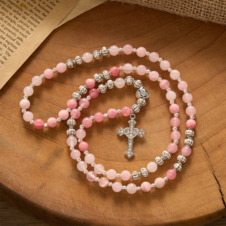 SolaceBeads Handcrafted Pink Stone Rosary Bracelet, Silver Beaded Spacers &amp; Crystal-Encrusted Cross - image 2