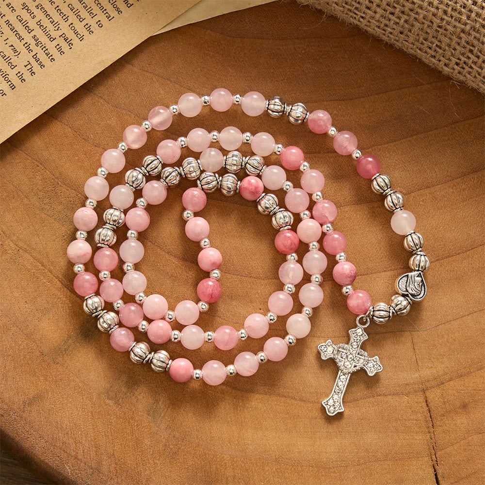SolaceBeads Handcrafted Pink Stone Rosary Bracelet, Silver Beaded Spacers &amp; Crystal-Encrusted Cross - image 1