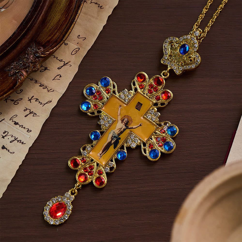SolaceBeads Ornate Gold Pectoral Cross Necklace , Gem-Encrusted with Enamel Icon - Gold - image 0