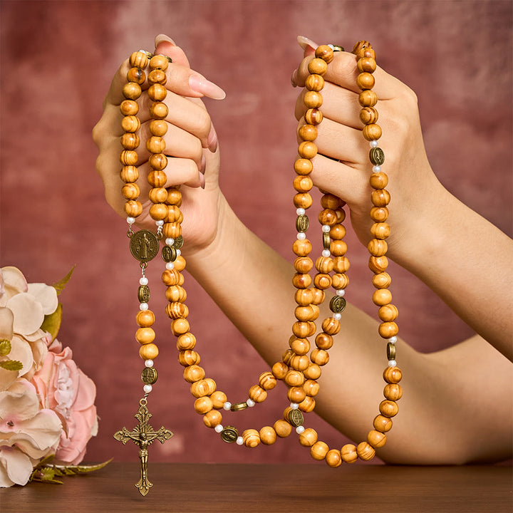 Solacebeads 15/20 Decade Vintage Pine Wood Rosary With Benedict Embellishments: Rooted In Faith - image 1
