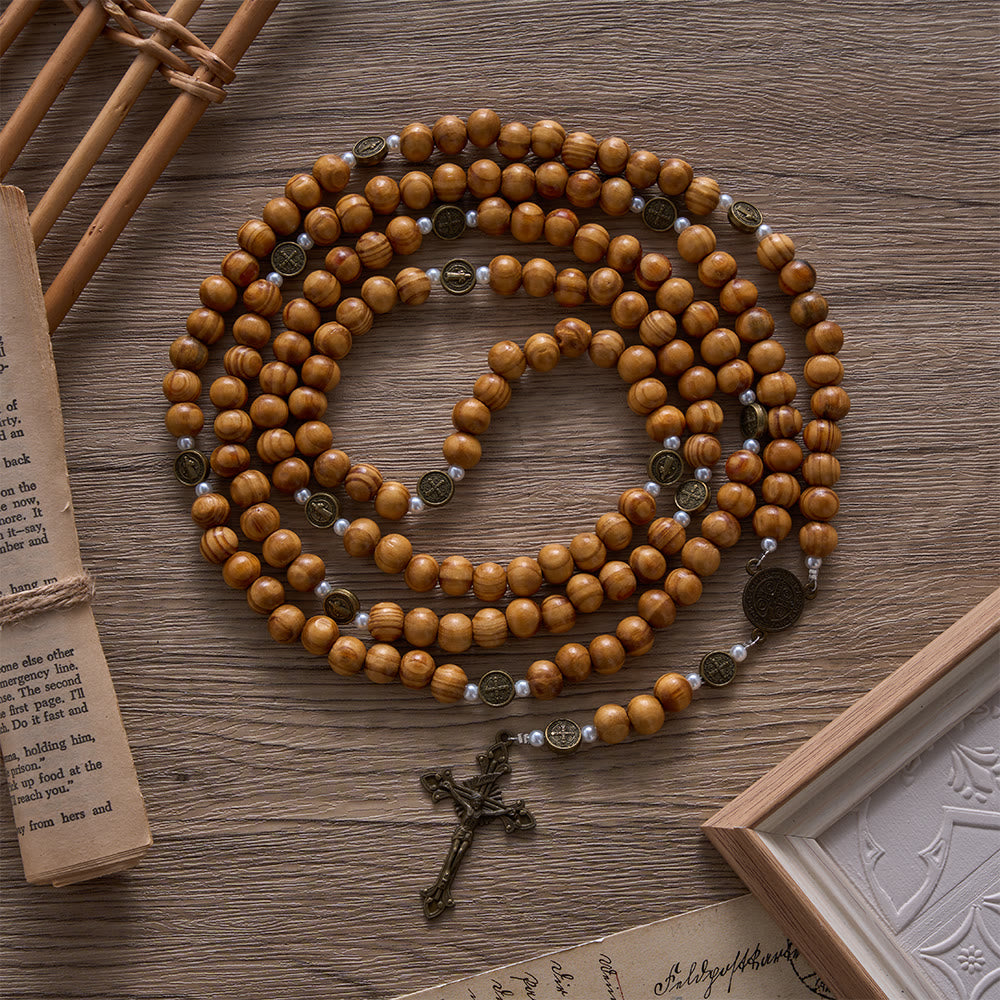 Solacebeads 15/20 Decade Vintage Pine Wood Rosary With Benedict Embellishments: Rooted In Faith - 20 Decade - image 0