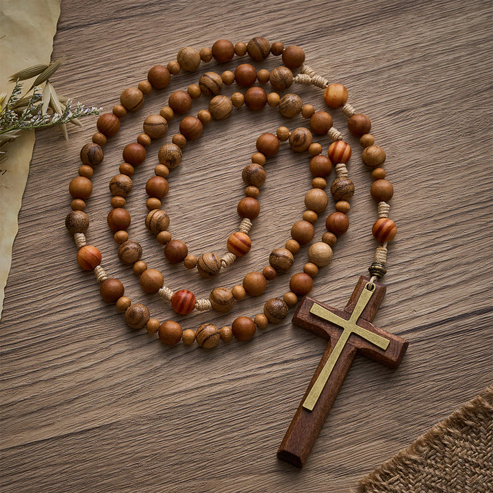SolaceBeads Mixed Wood Rosary, Multi-Grain Wood Beads &amp; Inlaid Cross: Meaningful Personal Accessory - Barbie Sandalwood &amp; Vietnamese Oud Wood - image 0