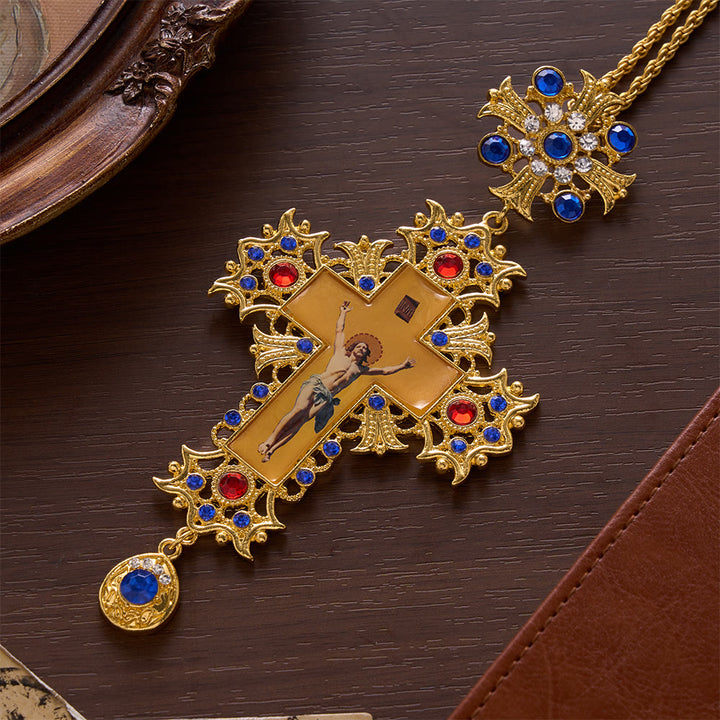 SolaceBeads Devotional Large Jesus Pectoral Cross: Rooted in Timeless Holiness With Jeweled Pendant - Gold - image 0