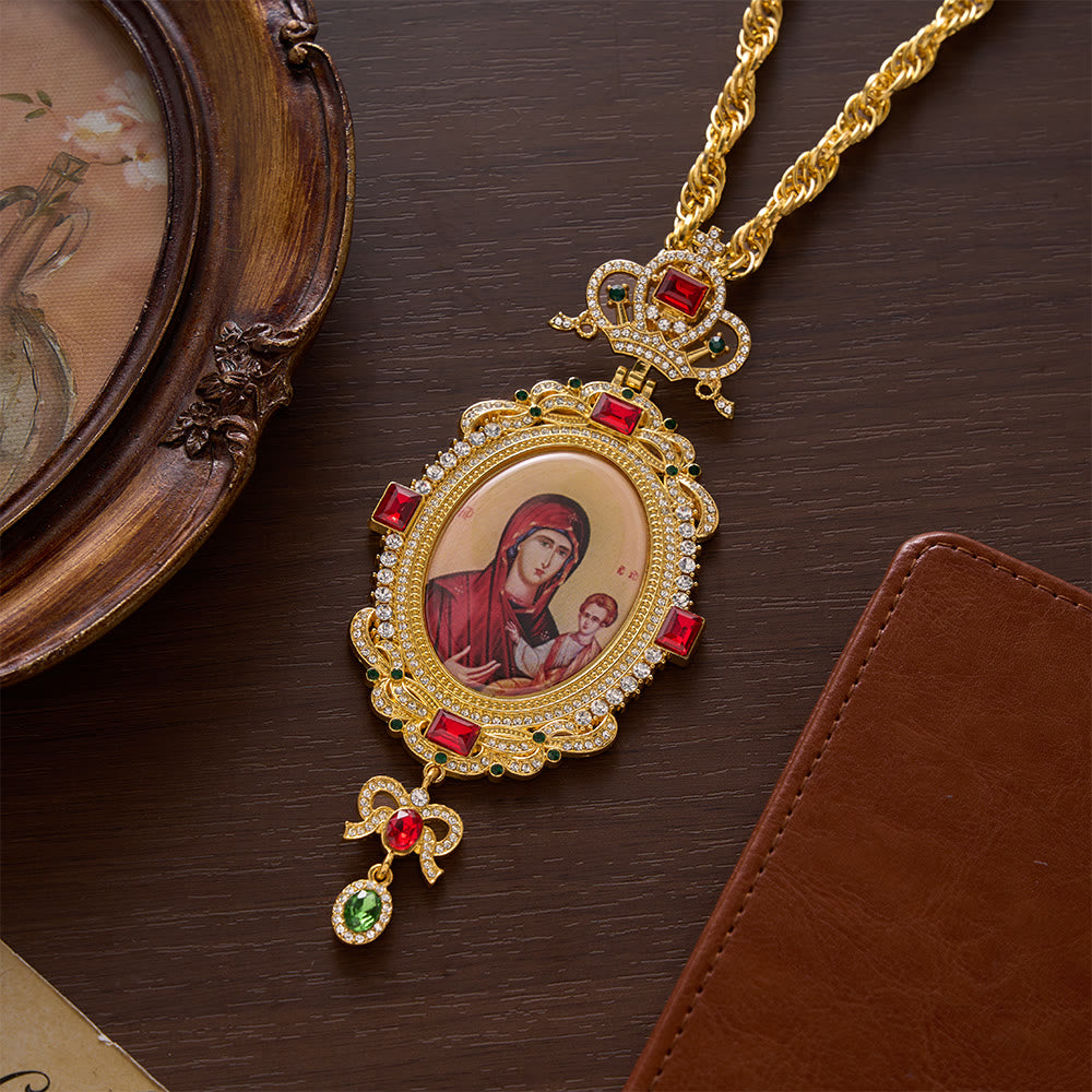 SolaceBeads Large Pectoral Cross Pendant, Ornate Icon with Gold-Tone Chain: Devotional Statement Piece - Virgin Mary & Baby Jesus - image 0