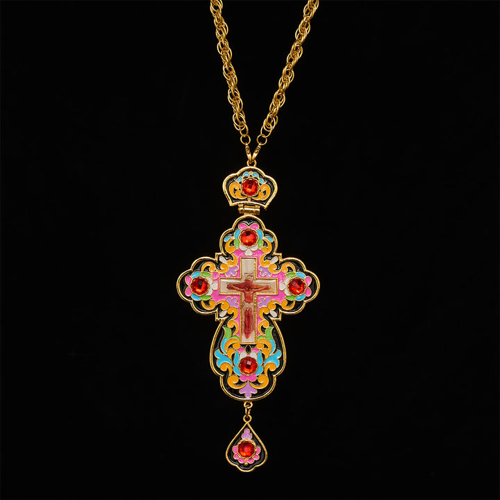 SolaceBeads Large Pectoral Cross Pendant, Colorful Enamel Cross with Gold-Tone Chain: Ornate Devotional Piece - image 5