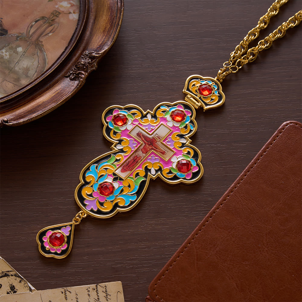 SolaceBeads Large Pectoral Cross Pendant, Colorful Enamel Cross with Gold-Tone Chain: Ornate Devotional Piece - image 2