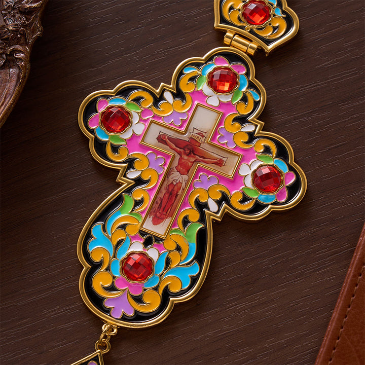 SolaceBeads Large Pectoral Cross Pendant, Colorful Enamel Cross with Gold-Tone Chain: Ornate Devotional Piece - image 1