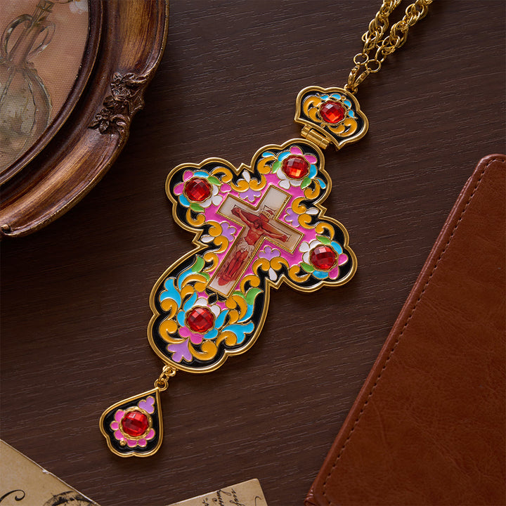 SolaceBeads Large Pectoral Cross Pendant, Colorful Enamel Cross with Gold-Tone Chain: Ornate Devotional Piece - Jesus - image 0