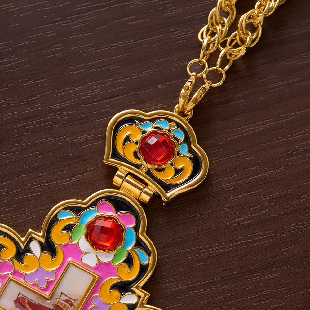 SolaceBeads Large Pectoral Cross Pendant, Colorful Enamel Cross with Gold-Tone Chain: Ornate Devotional Piece - image 3