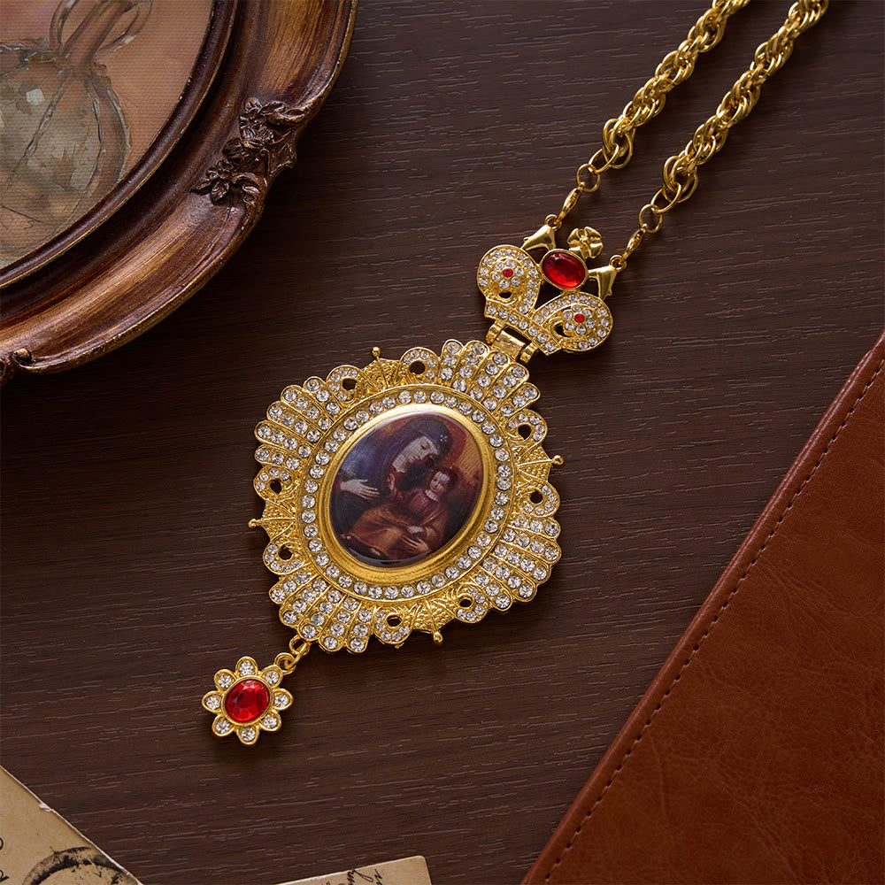 SolaceBeads Pectoral Cross, Large Jeweled Icon & Ornate Crown Top: Regal Devotional Statement Piece - Virgin Mary & Baby Jesus - image 0
