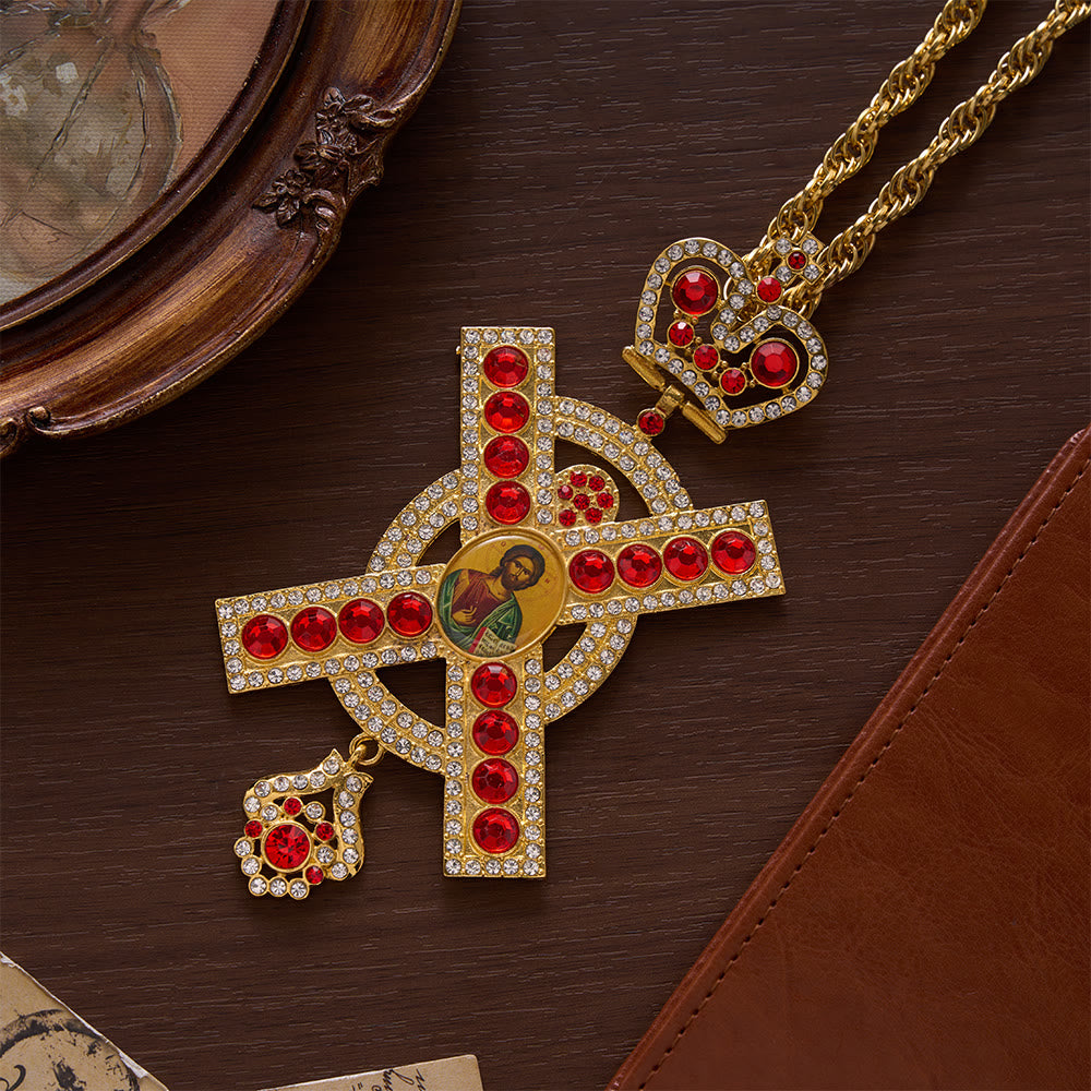 SolaceBeads Ornate Pectoral Cross with Red Jewel & Icon Accent: Ceremonial Spiritual Accessory - Christ Pantocrator - image 0