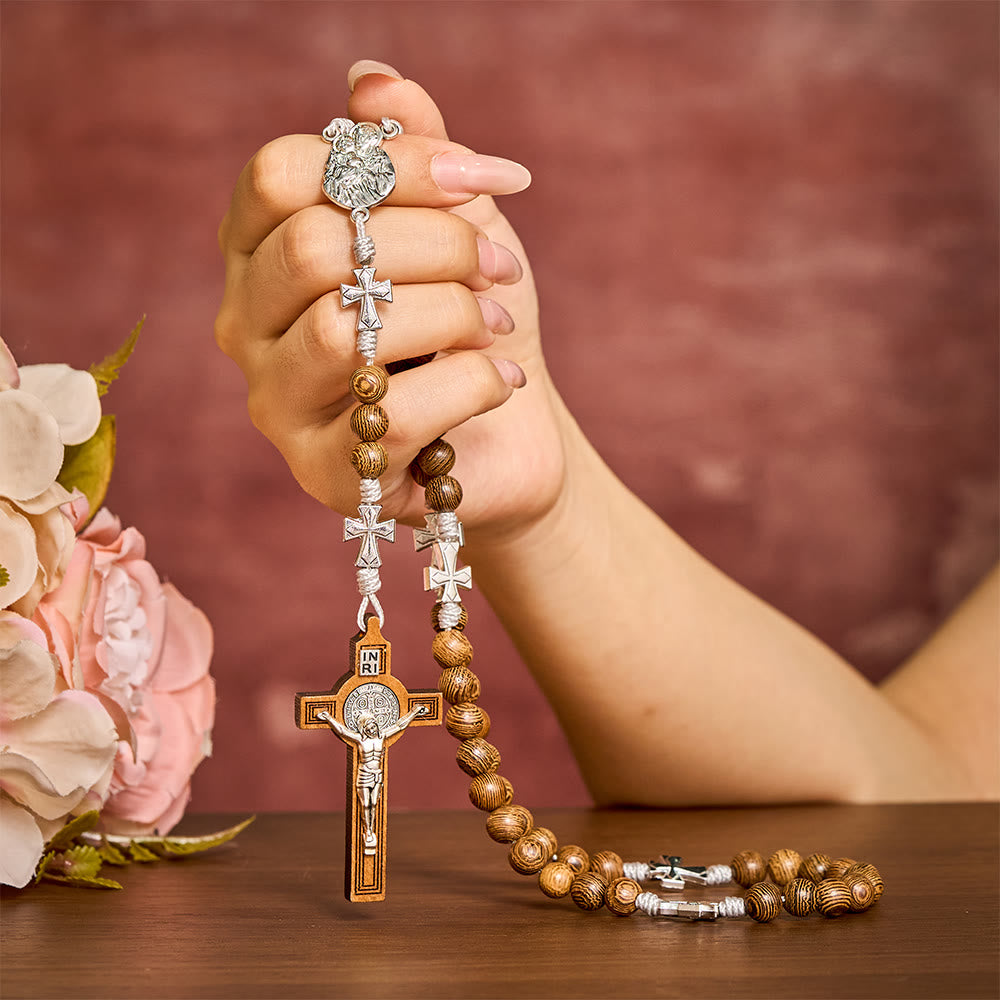 SolaceBeads Handcrafted Wenge Wood Rosary, Silver Cross Details &amp; Detailed Wooden Crucifix Companion - image 1