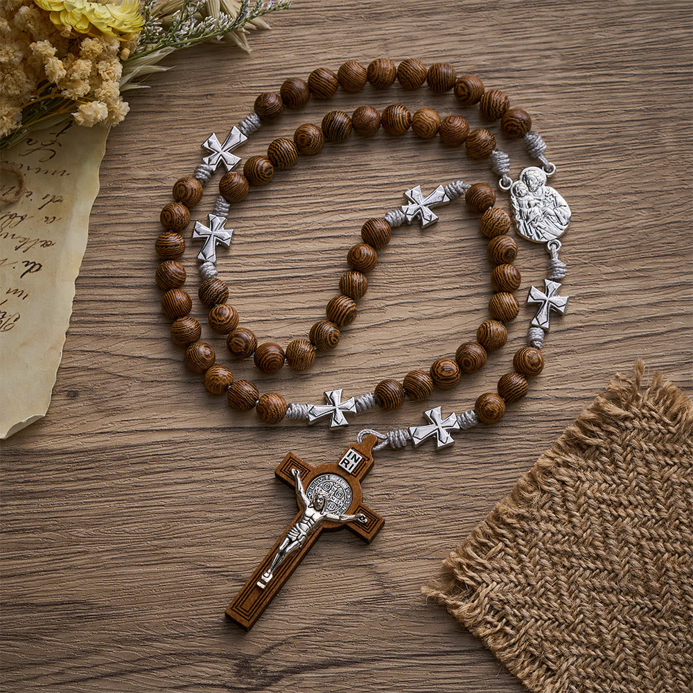 SolaceBeads Handcrafted Wenge Wood Rosary, Silver Cross Details & Detailed Wooden Crucifix Companion - Wenge Wood - image 0