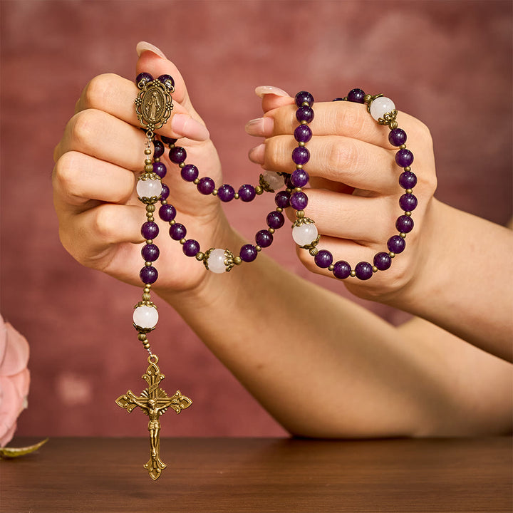 SolaceBeads Amethyst Stone Rosary With Antique Bronze Details: Rooted in Mystic Grace - image 1