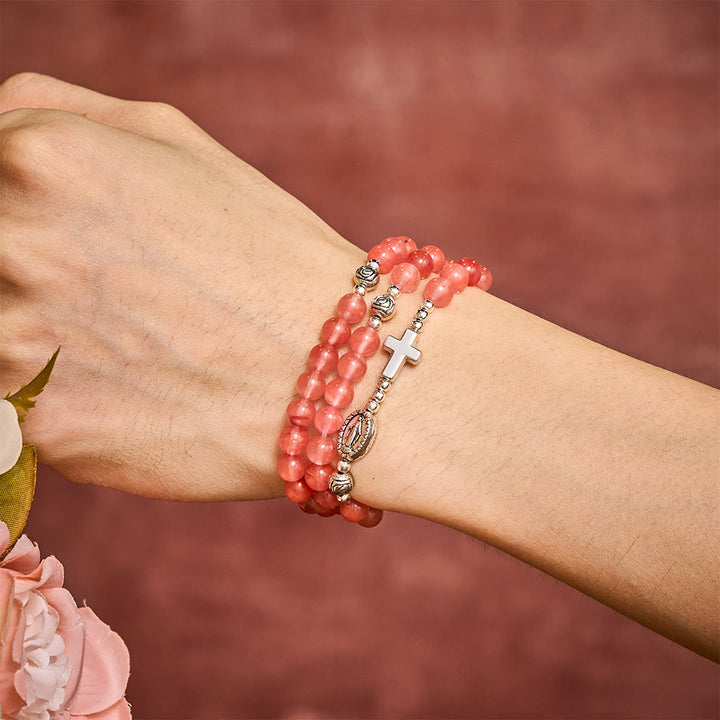 SolaceBeads Watermelon Quartz Rosary Bracelet With Silver Rose Beads: Rooted in Gentle Devotion - image 1