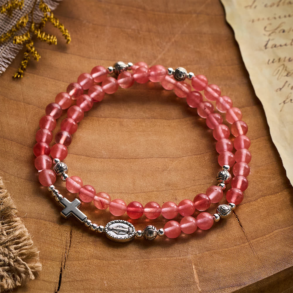 SolaceBeads Watermelon Quartz Rosary Bracelet With Silver Rose Beads: Rooted in Gentle Devotion - Pink - image 0