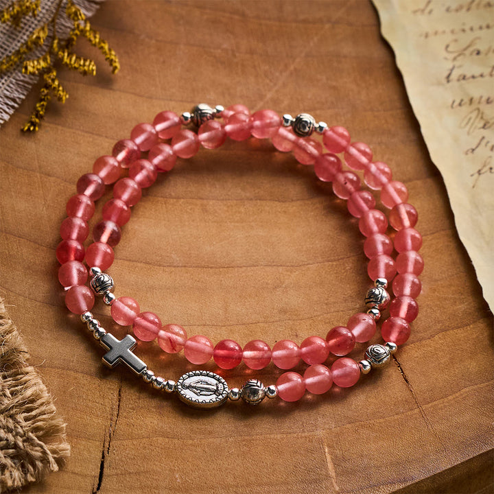SolaceBeads Watermelon Quartz Rosary Bracelet With Silver Rose Beads: Rooted in Gentle Devotion - Pink - image 0