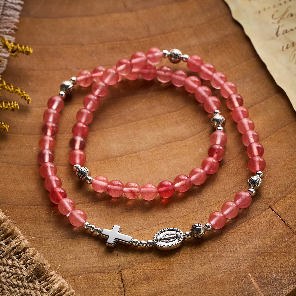SolaceBeads Watermelon Quartz Rosary Bracelet With Silver Rose Beads: Rooted in Gentle Devotion - image 5