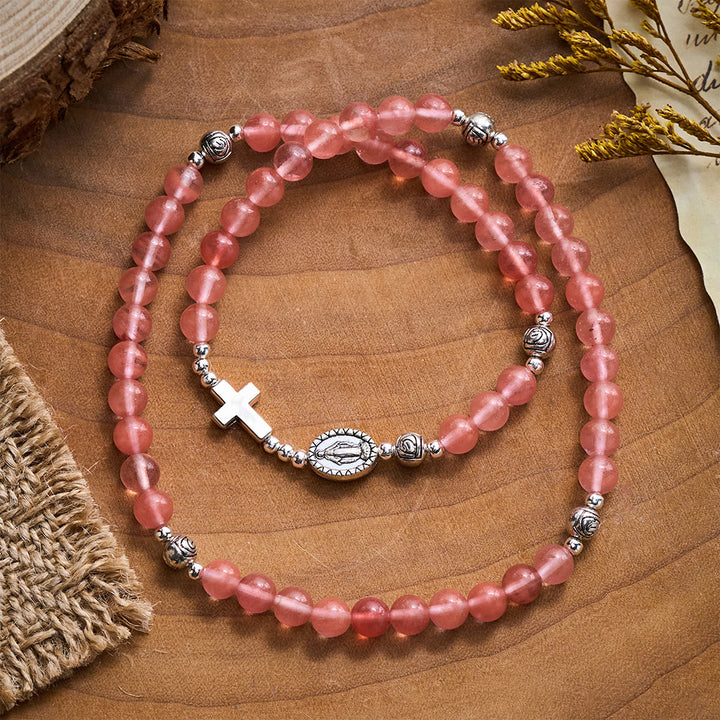 SolaceBeads Watermelon Quartz Rosary Bracelet With Silver Rose Beads: Rooted in Gentle Devotion - image 4