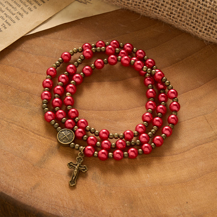 SolaceBeads Bold Crimson Rosary Bracelet With Antique Bronze Benedict Emblems: Rooted in Quiet Strength - Red - image 0