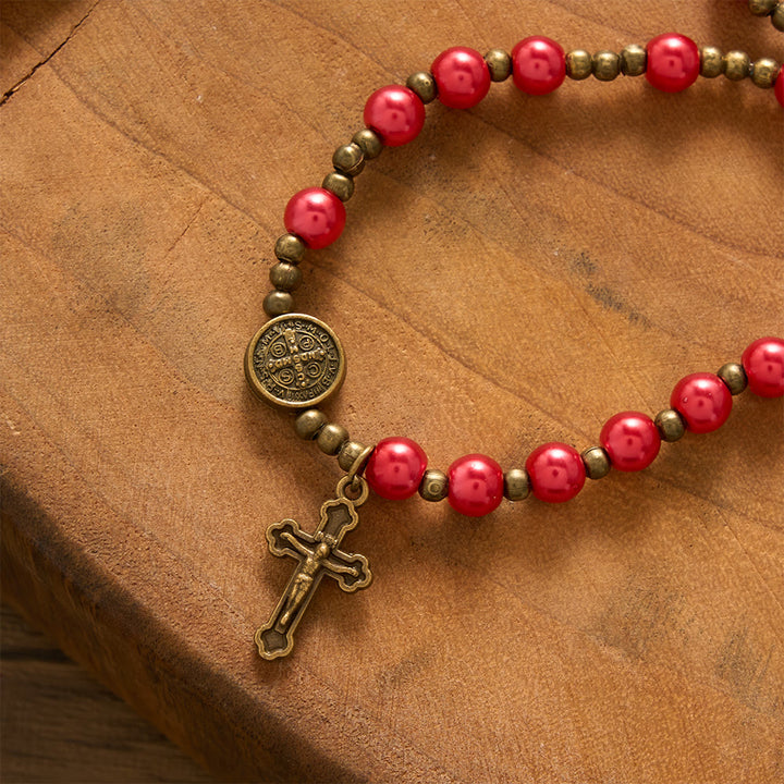 SolaceBeads Bold Crimson Rosary Bracelet With Antique Bronze Benedict Emblems: Rooted in Quiet Strength - image 1