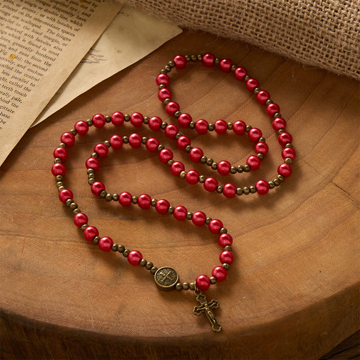 SolaceBeads Bold Crimson Rosary Bracelet With Antique Bronze Benedict Emblems: Rooted in Quiet Strength - image 5