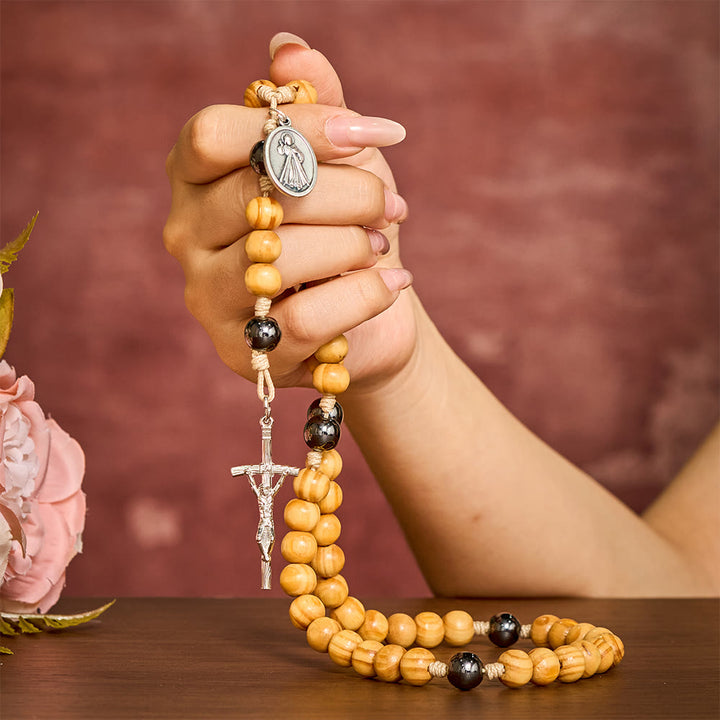 SolaceBeads Handcrafted Pine Wood Rosary with Dual Silver Charms: Timeless Spiritual Companion - image 1