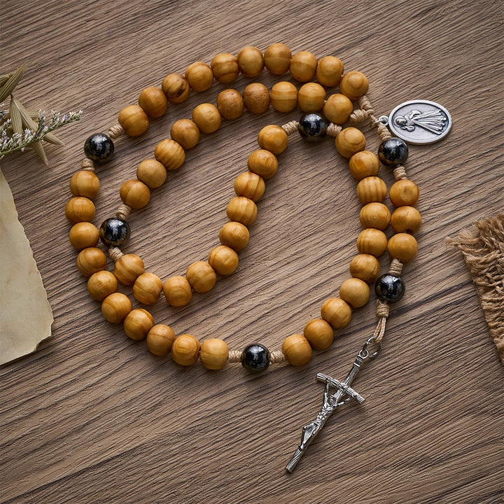 SolaceBeads Handcrafted Pine Wood Rosary with Dual Silver Charms: Timeless Spiritual Companion - Pine Wood - image 0