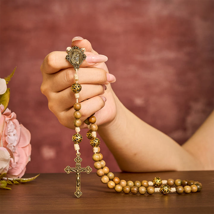 SolaceBeads Natural Sandalwood Rosary, Antique Metal Beads &amp; Crucifix Pendant: Meaningful Daily Accessory - image 1