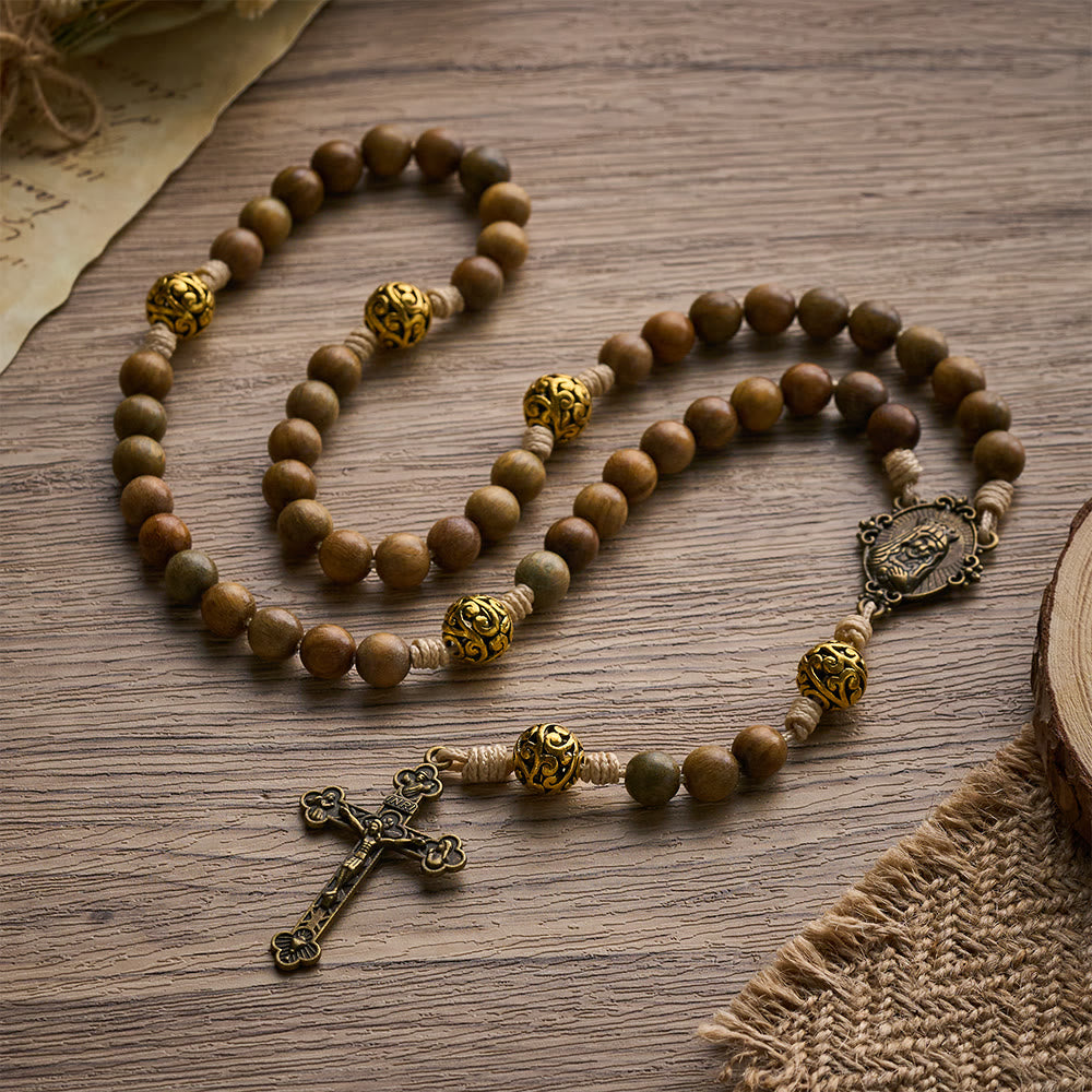 SolaceBeads Natural Sandalwood Rosary, Antique Metal Beads &amp; Crucifix Pendant: Meaningful Daily Accessory - image 3